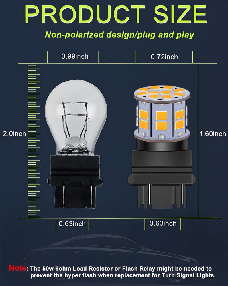LEDYOTRY 3157 LED Bulbs Amber 12V-24V Super Bright Low Power 4157 3056 3057 3047 4057 3156 3157A LED Bulb for Turn Signal Blinker Lights, Brake Tail Parking DRL Lights, Pack of 2 - Image 3